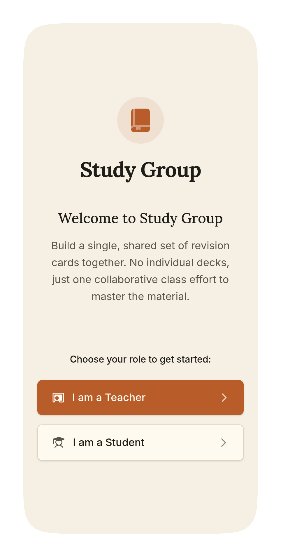 The app asks whether you are a teacher or a student
