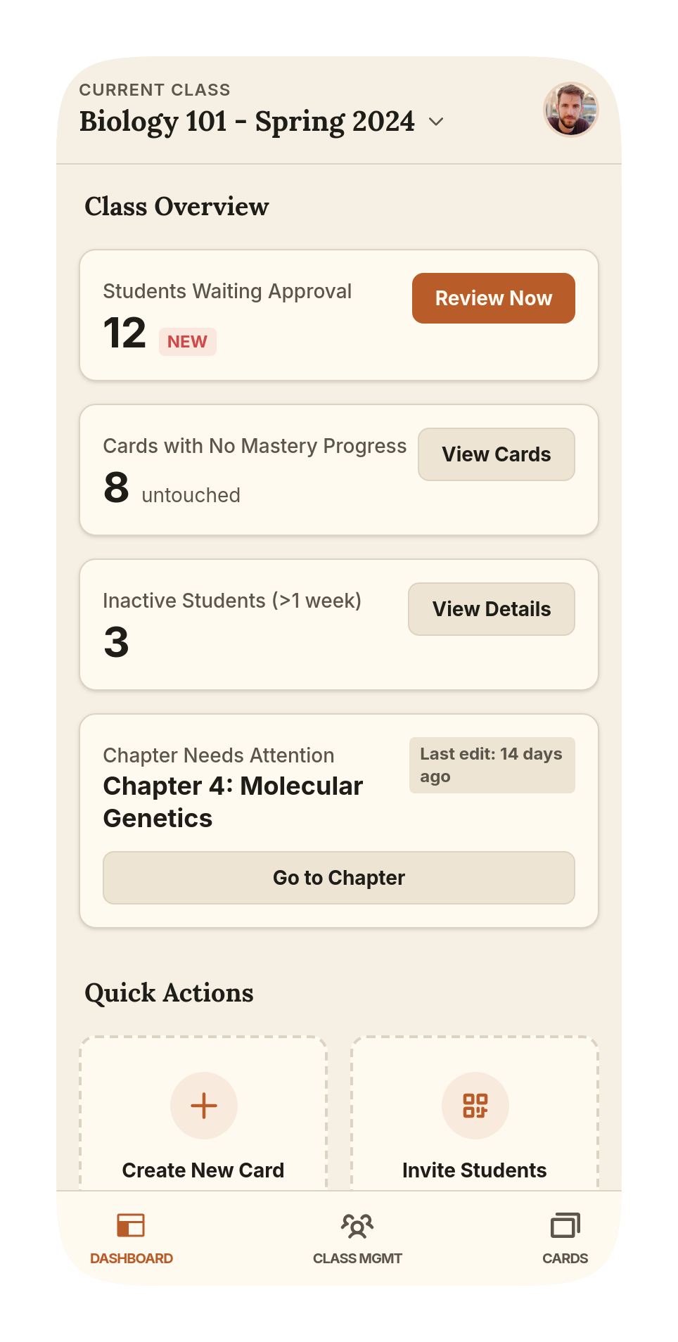 A teacher's dashboard showing what needs them